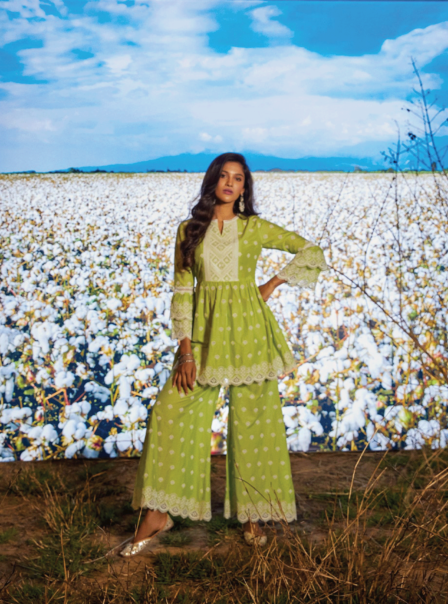 Brazen Supima Cotton Green Kurta with Sharara Set