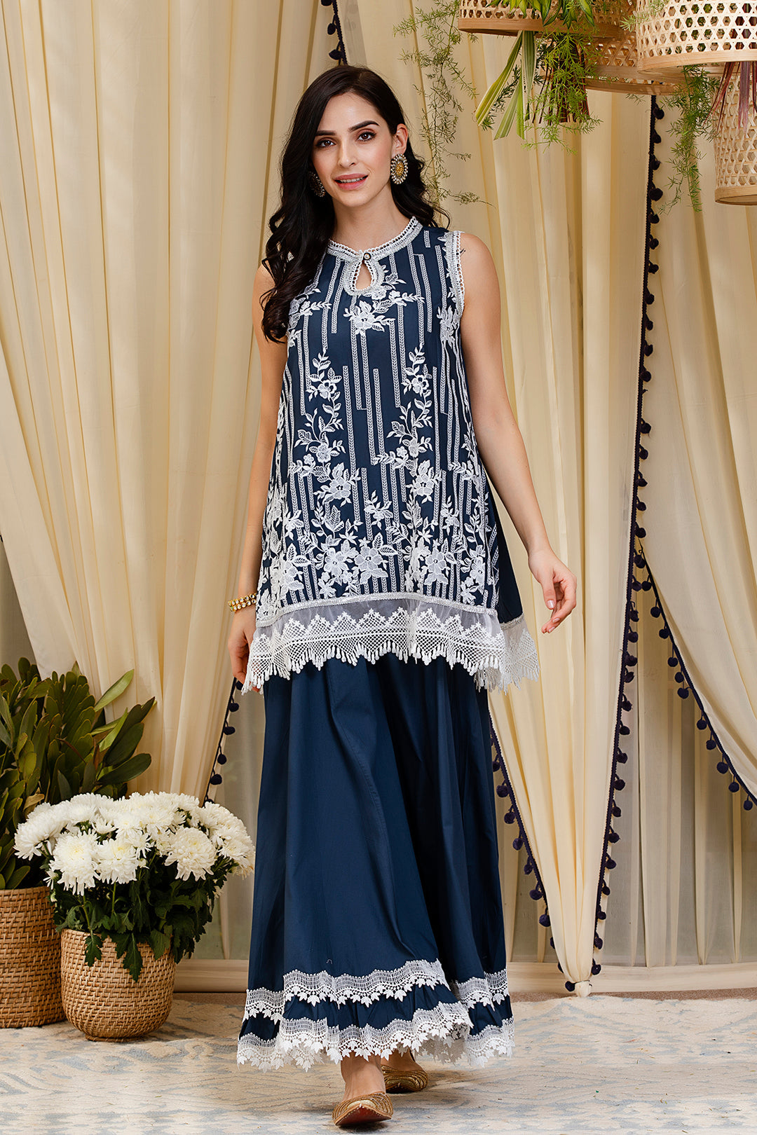 Blossom Navy Kurti Kurta with Sharara Set