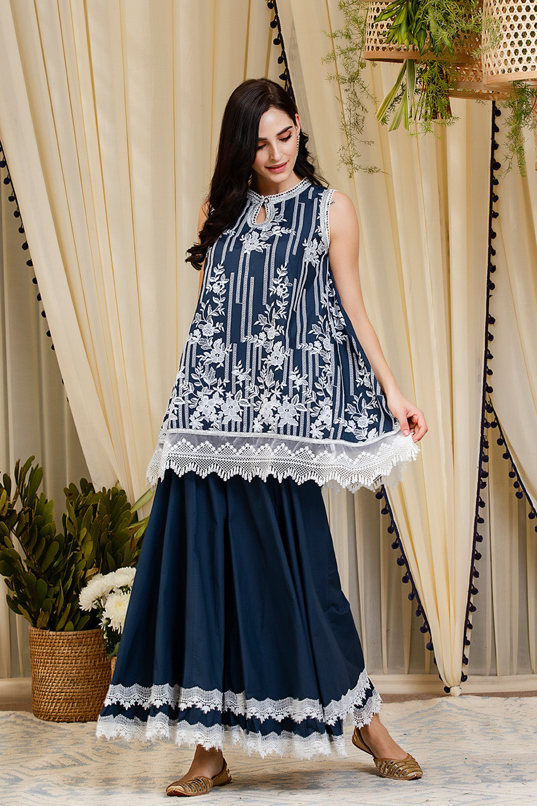 Blossom Navy Kurti Kurta with Sharara Set