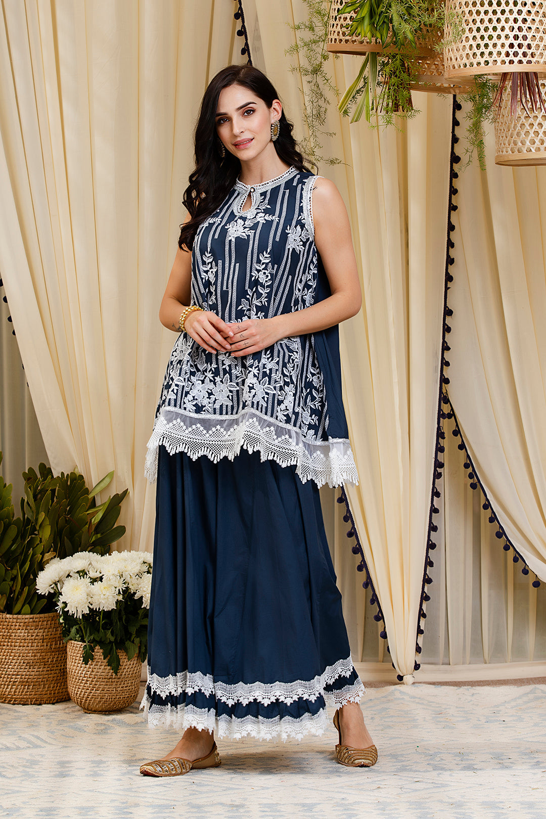 Blossom Navy Kurti Kurta with Sharara Set