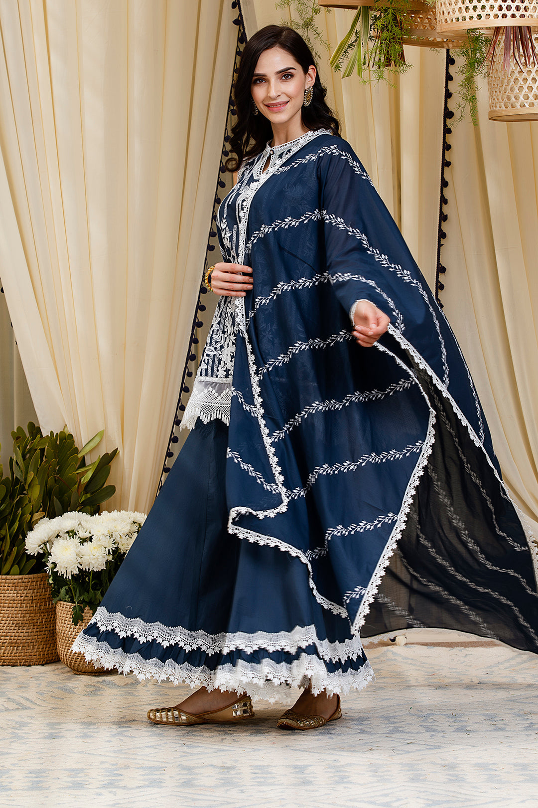 Blossom Navy Kurti Kurta with Sharara Set