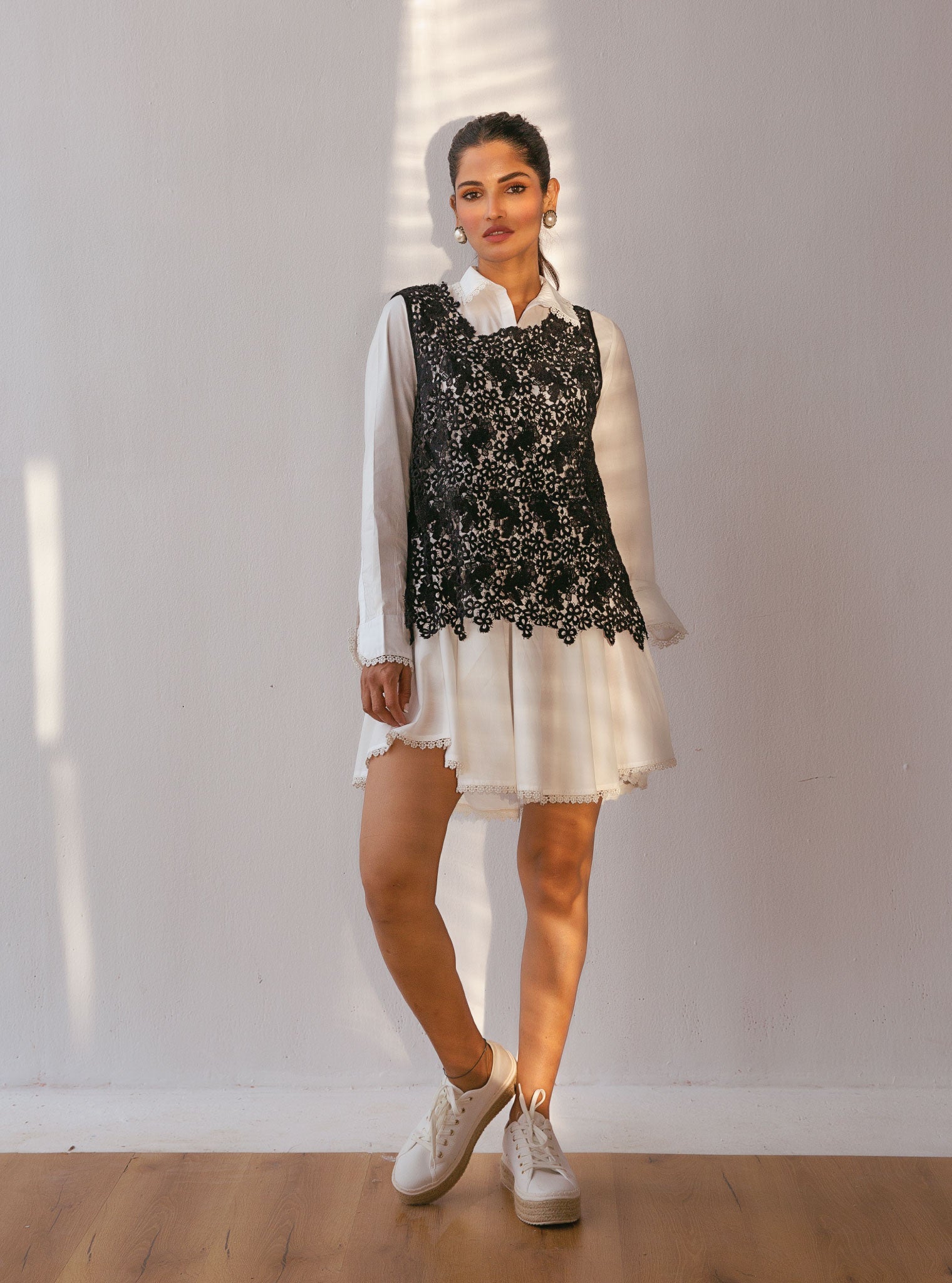 Celina Supima Cotton White Dress With Guipure Layer