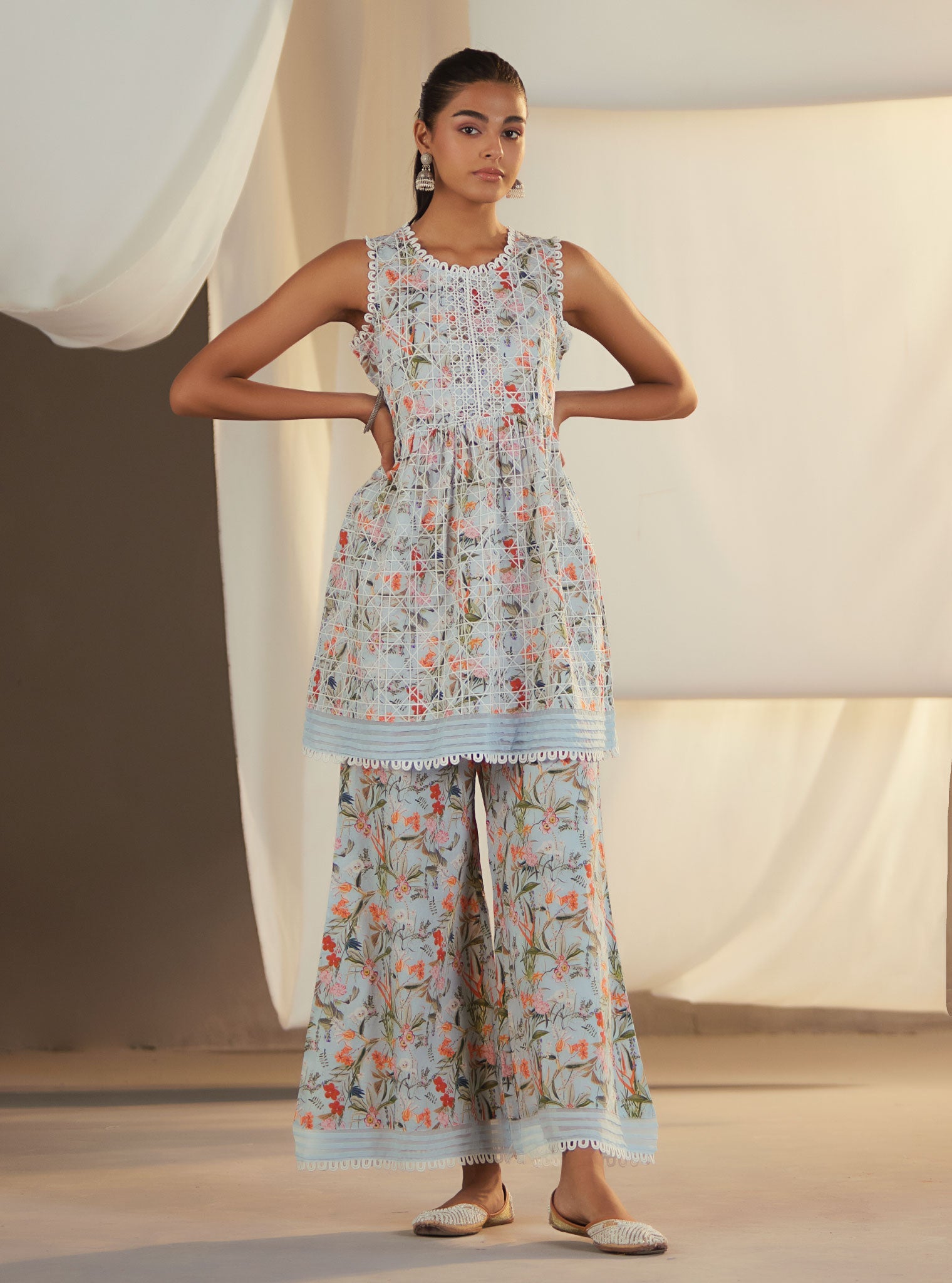 Elora Supima Cotton Blue Kurta with Bell Bottom Pant Set
