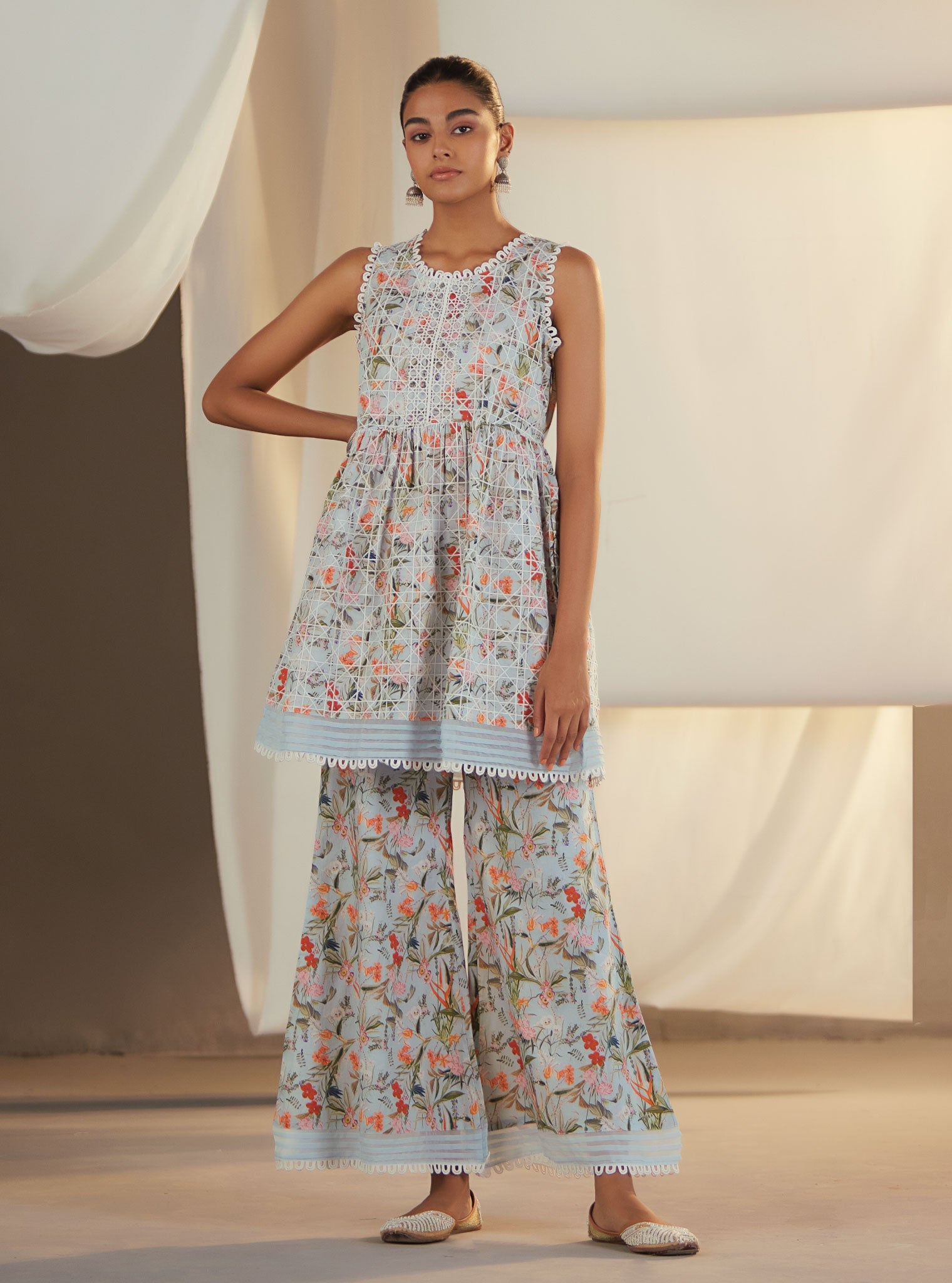 Elora Supima Cotton Blue Kurta with Bell Bottom Pant Set