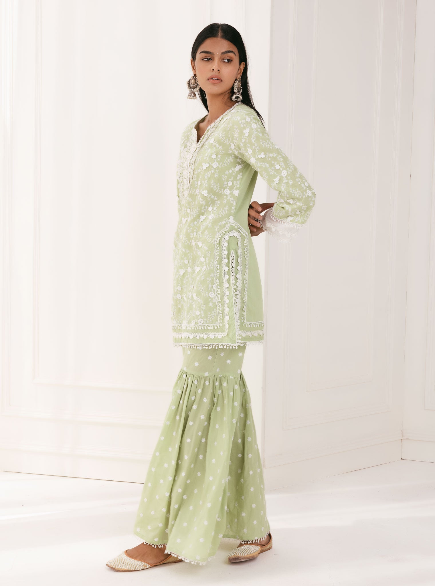 Kanji Supima Cotton Green Kurta with Garara Set