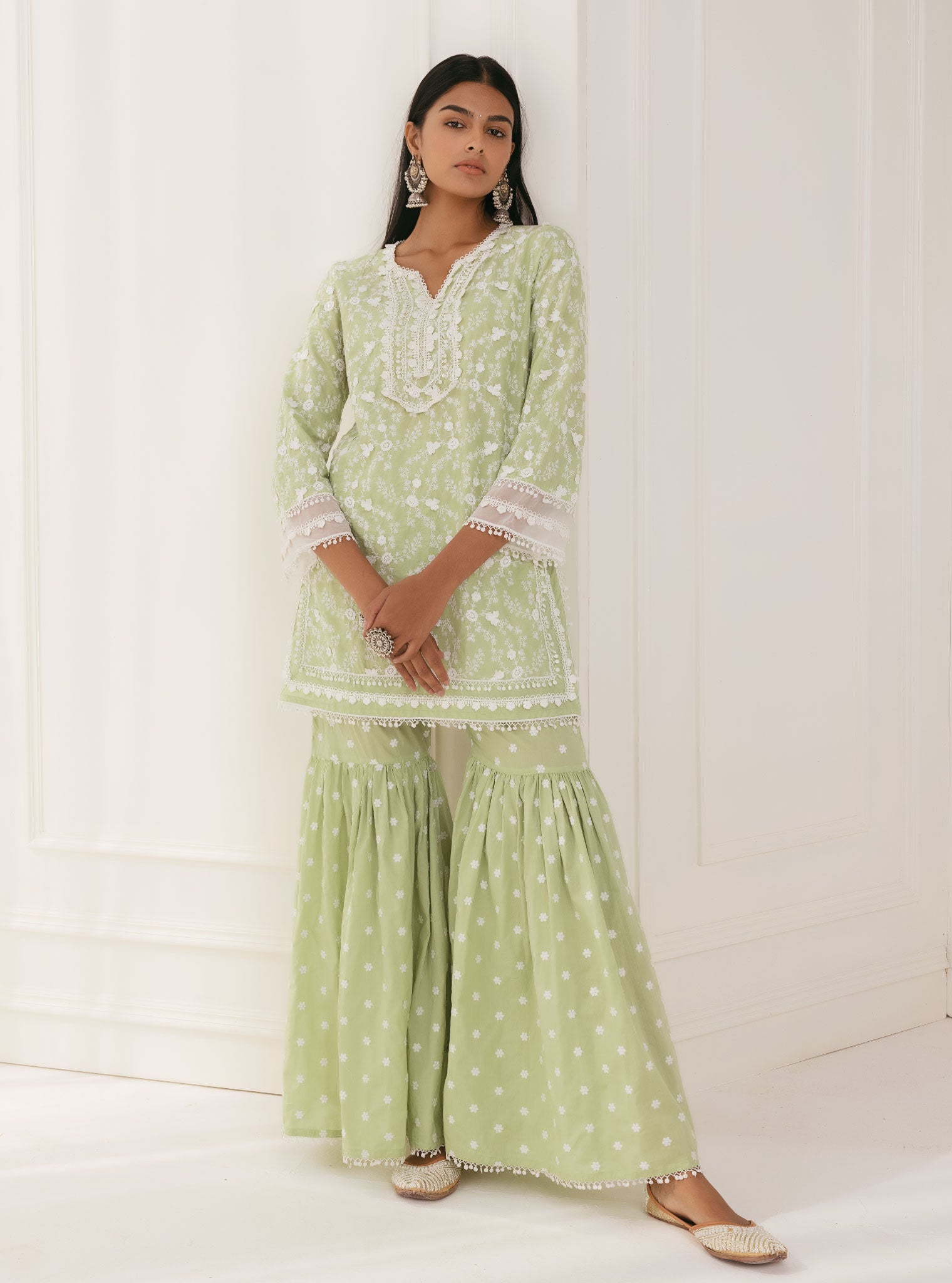 Kanji Supima Cotton Green Kurta with Garara Set