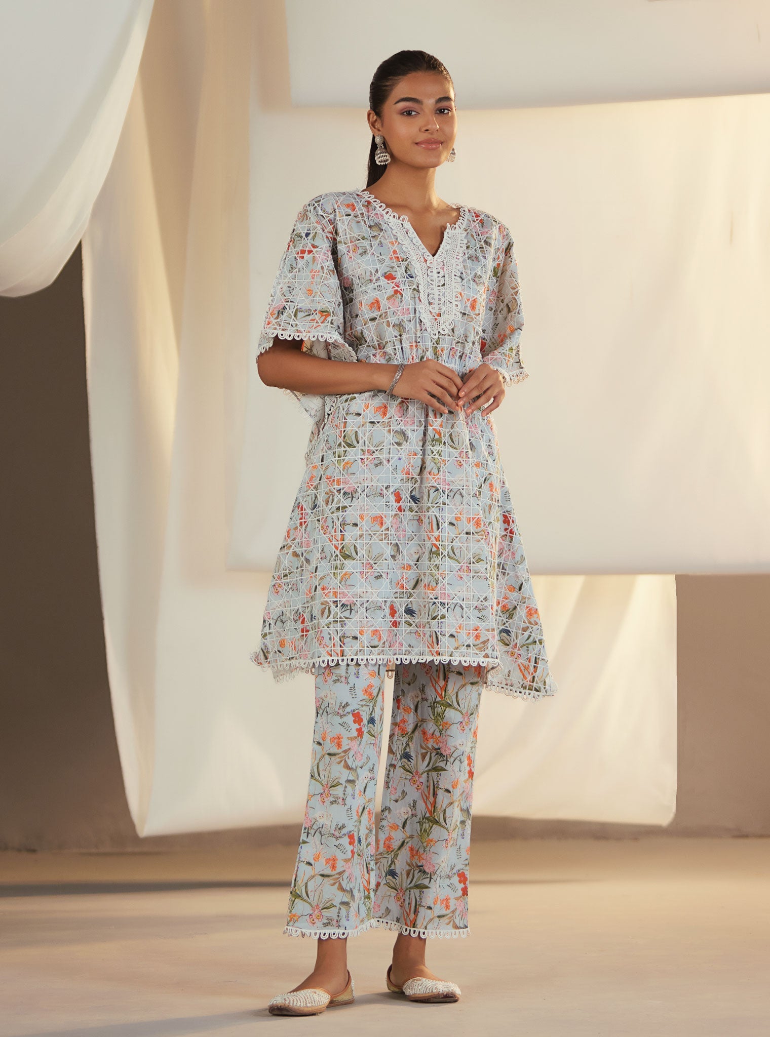 Keoni Supima Cotton Blue Kaftan With Keoni Pink Pant