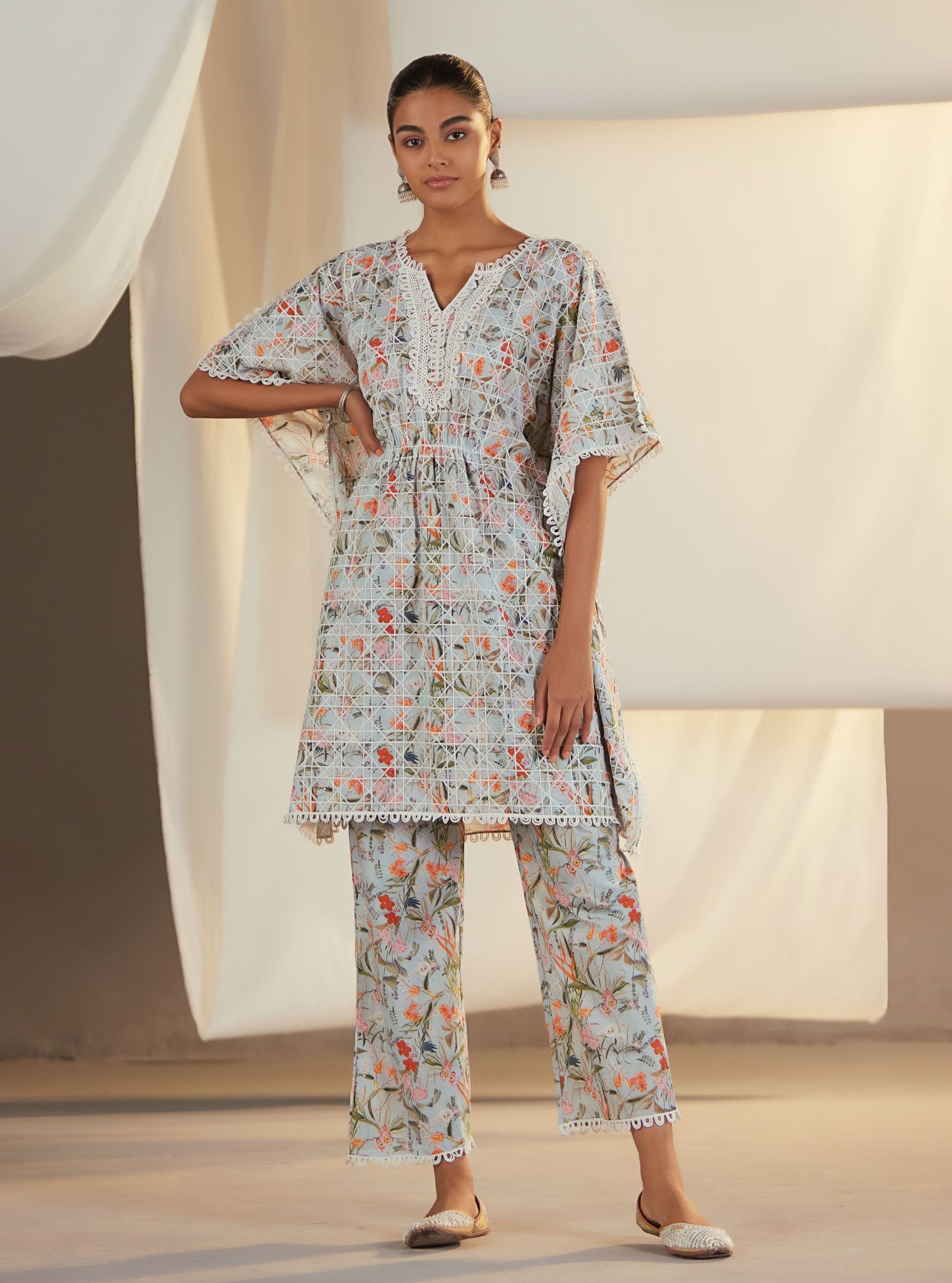 Keoni Supima Cotton Blue Kaftan With Keoni Pink Pant