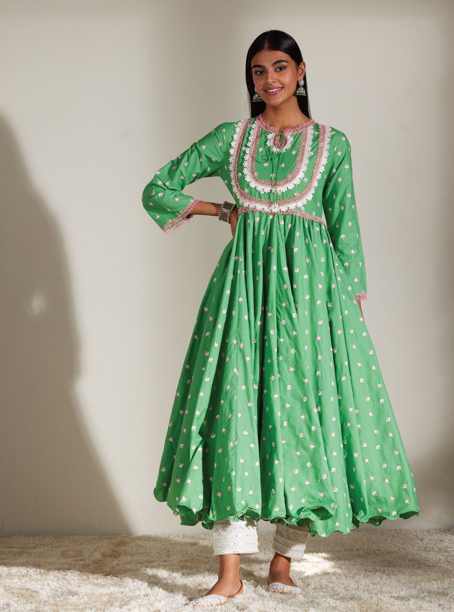 Nadine Supima Cotton Green Anarkali Kurta Set