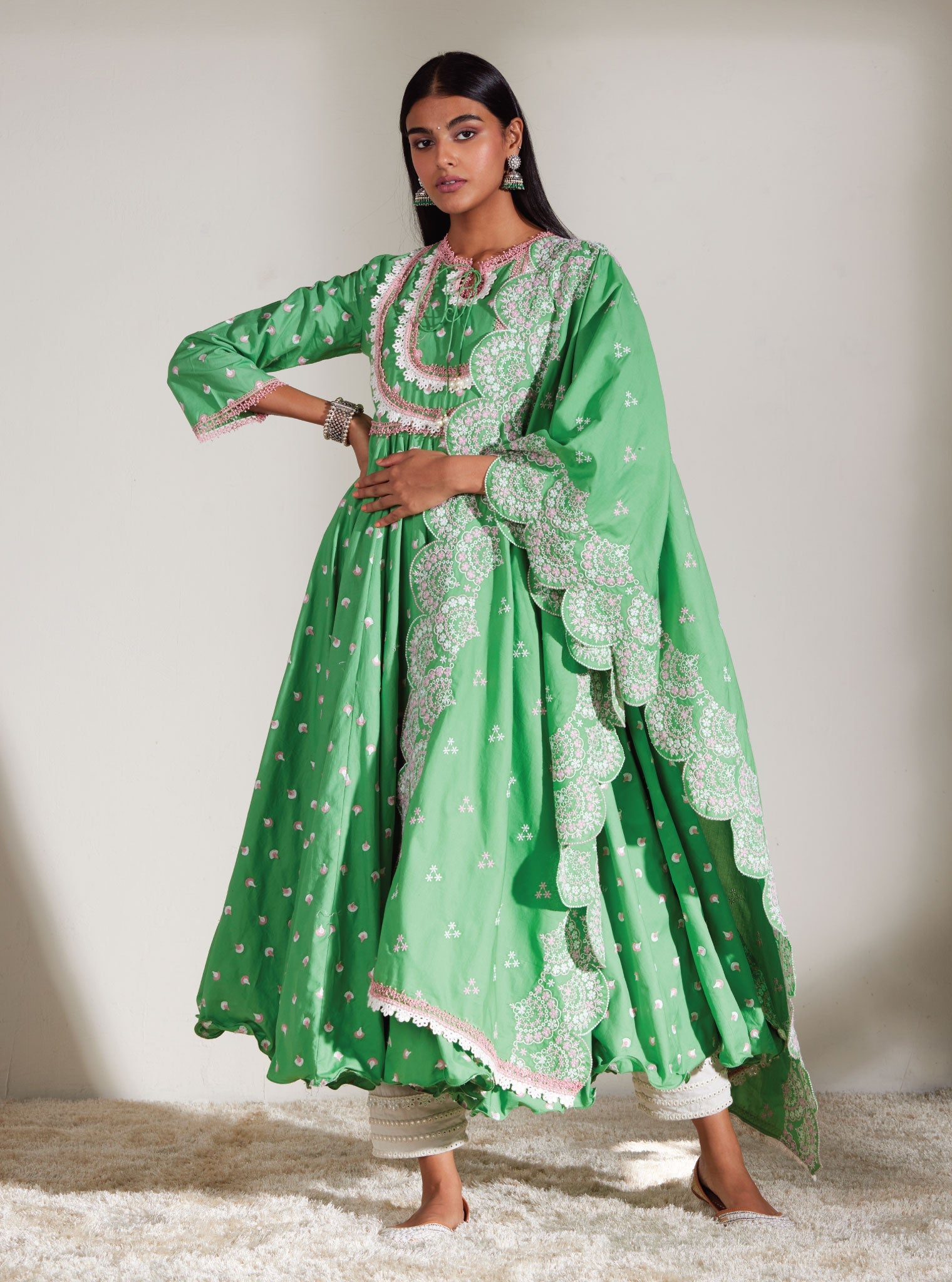 Nadine Supima Cotton Green Anarkali Kurta Set