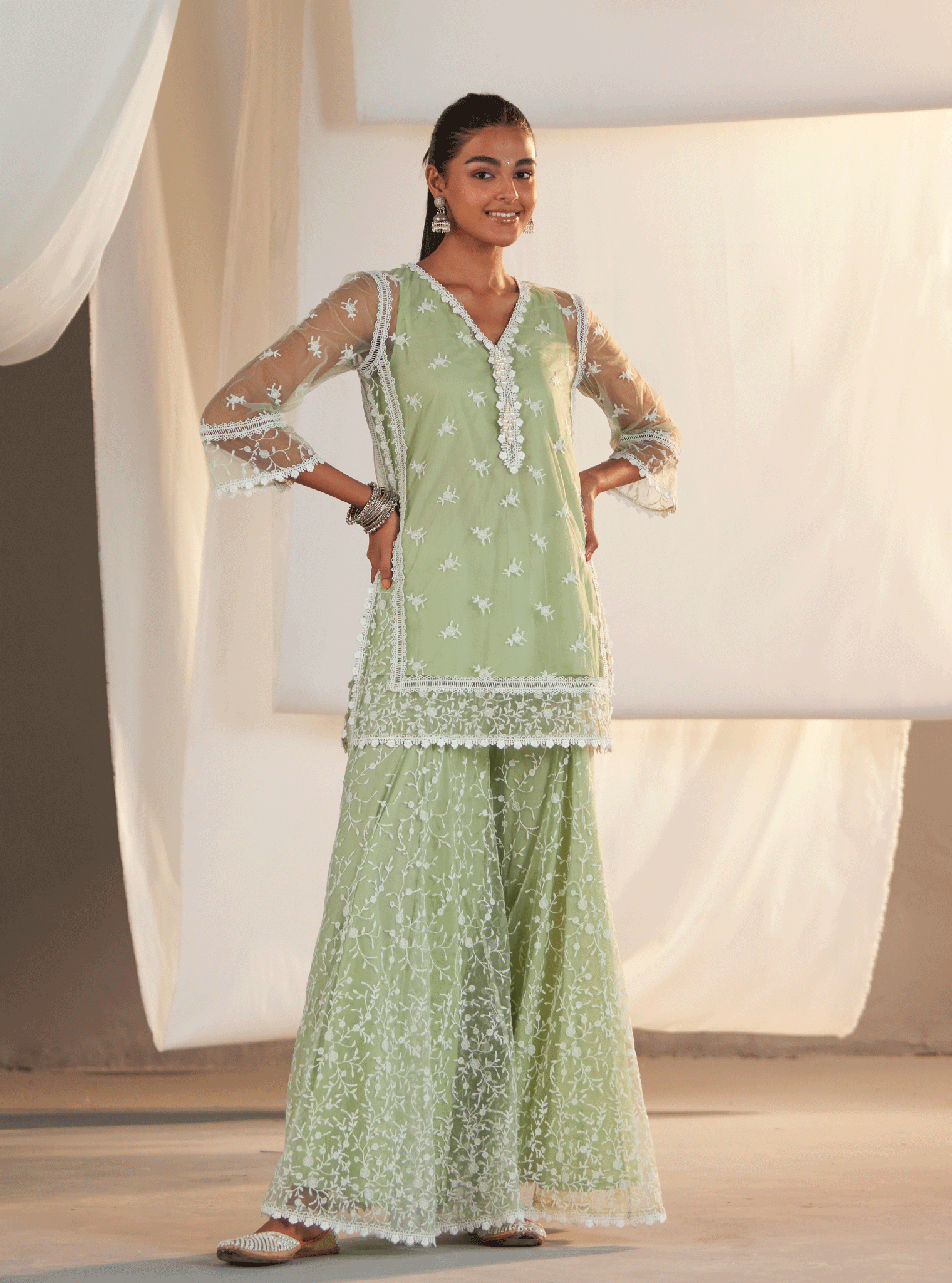 Odyssey Net Green Kurta with Sharara Set