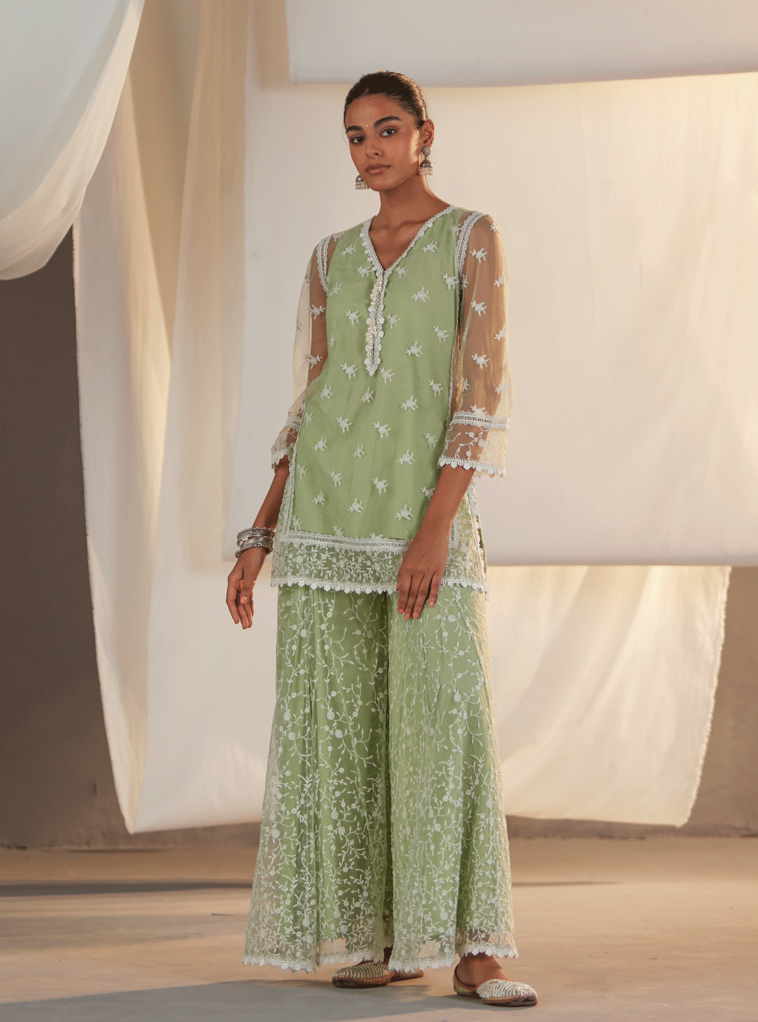 Odyssey Net Green Kurta with Sharara Set