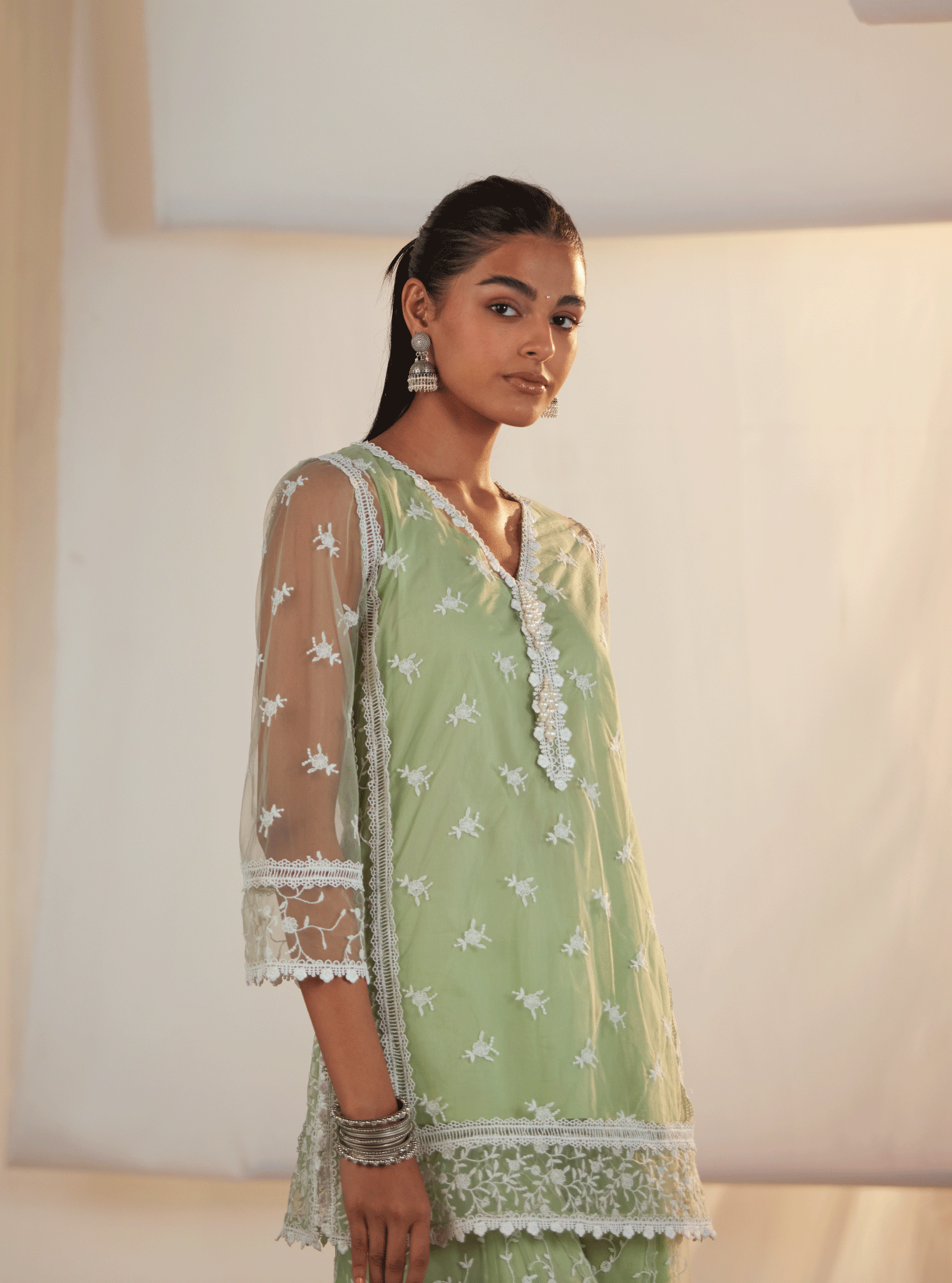 Odyssey Net Green Kurta with Sharara Set