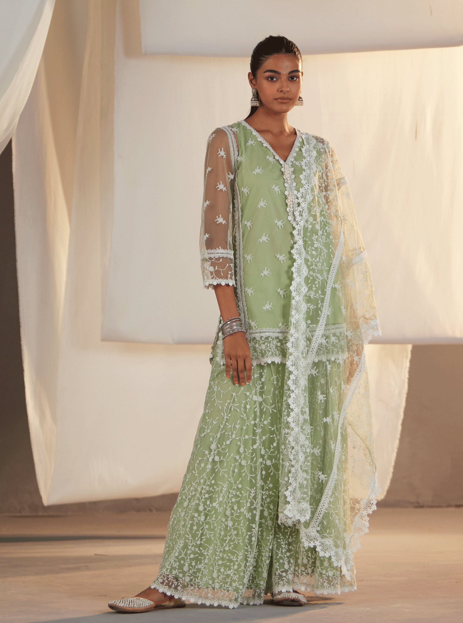 Odyssey Net Green Kurta with Sharara Set