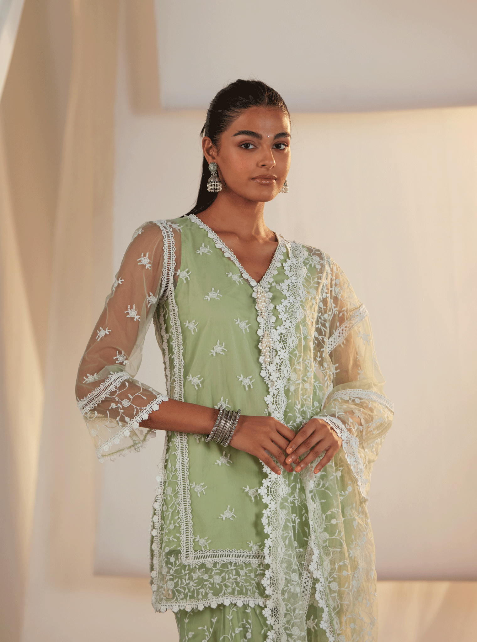 Odyssey Net Green Kurta with Sharara Set
