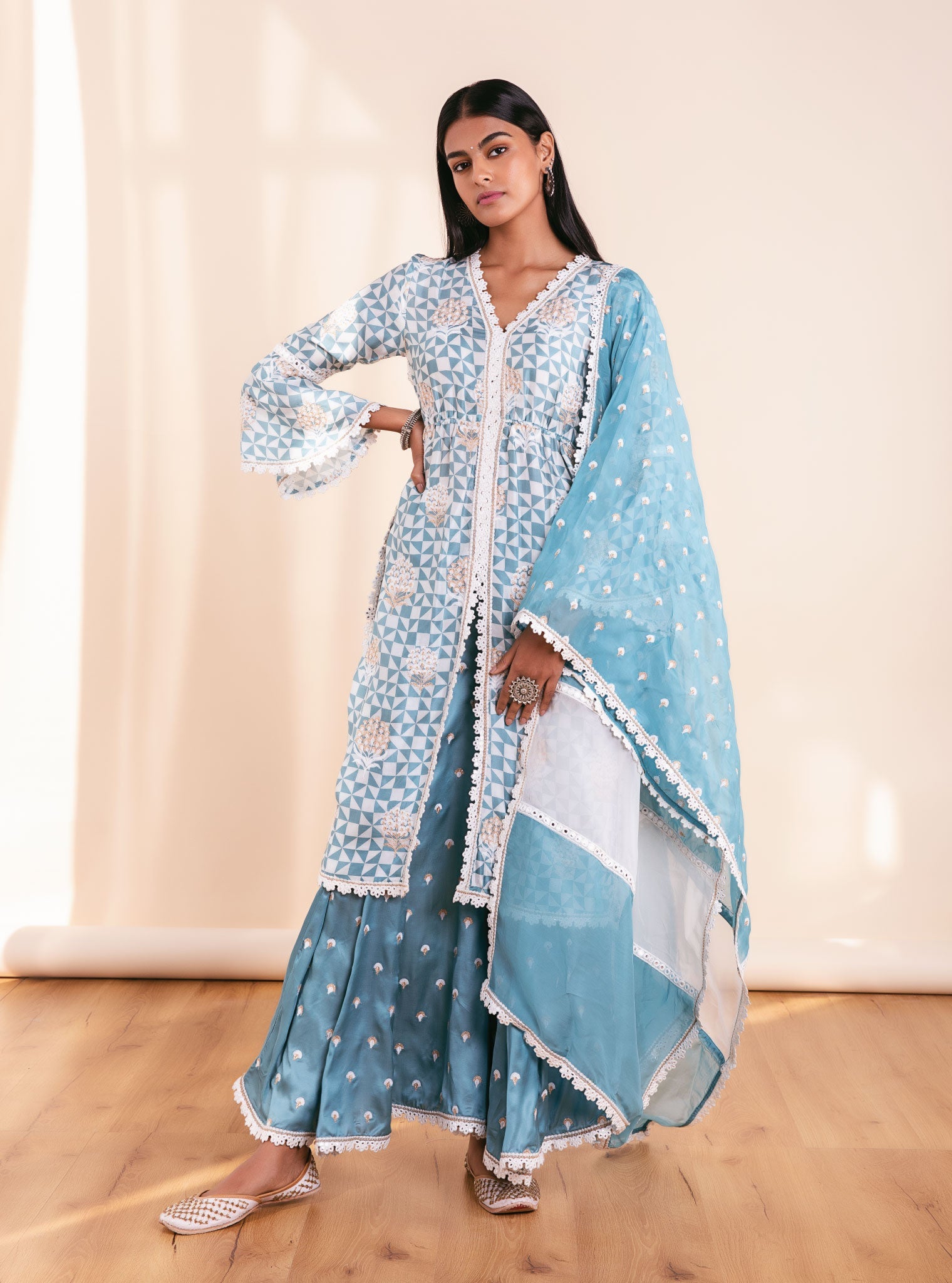 Zaya Cupro Silk Teal Kurta Set