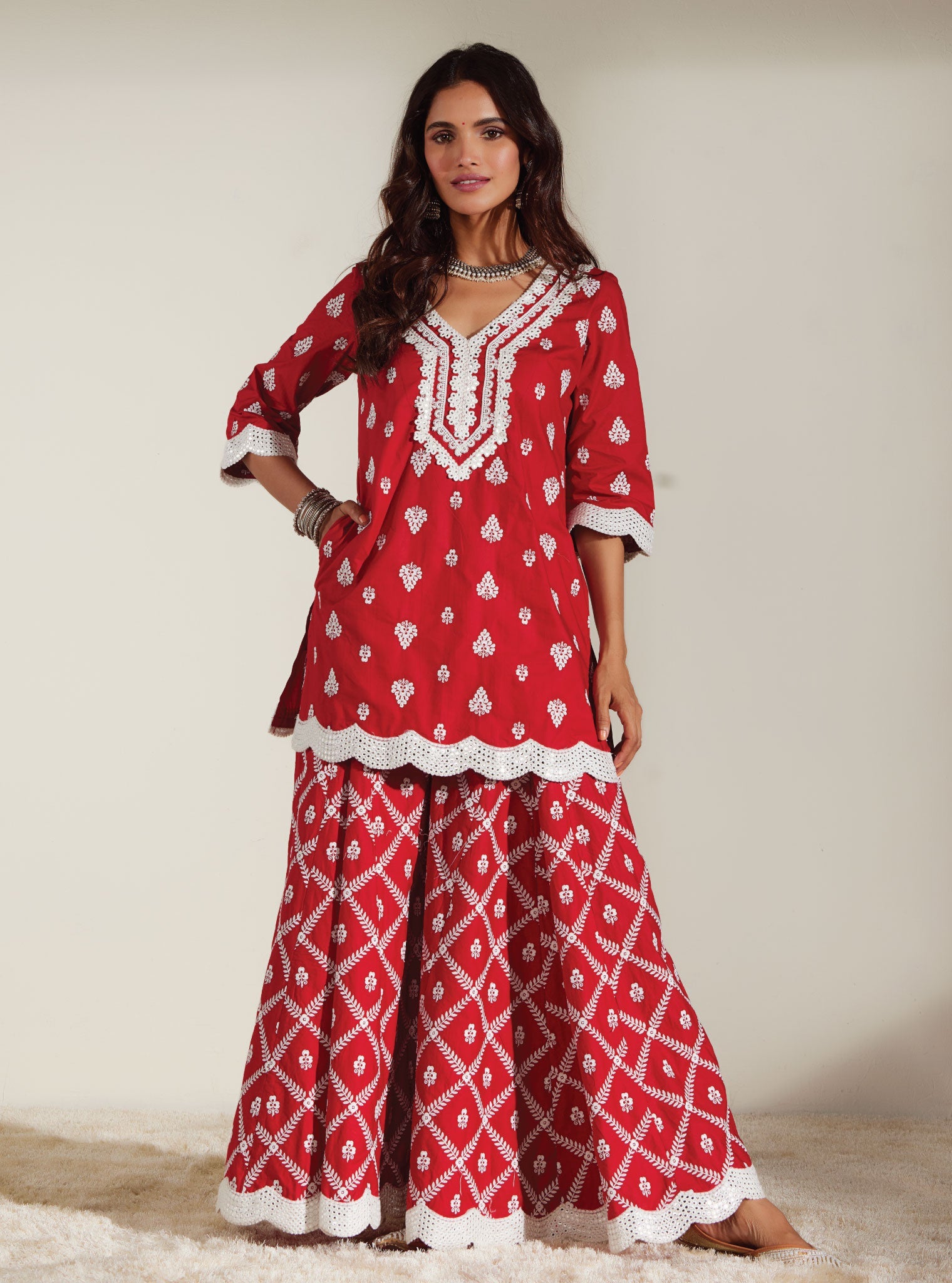 Zoriana Supima Cotton Red Kurta with Sharara Set